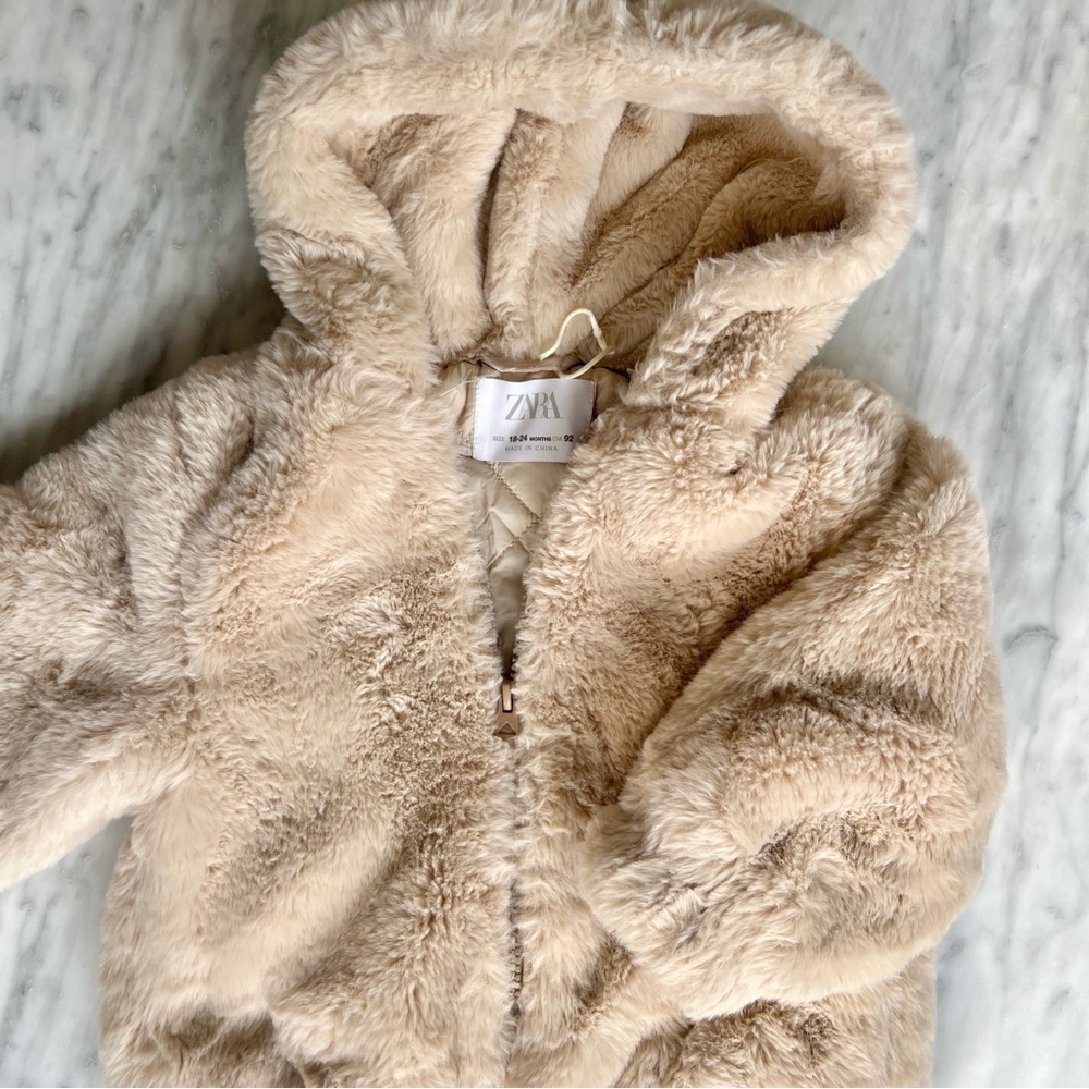 Zara Cream Faux Fur Hooded Jacket